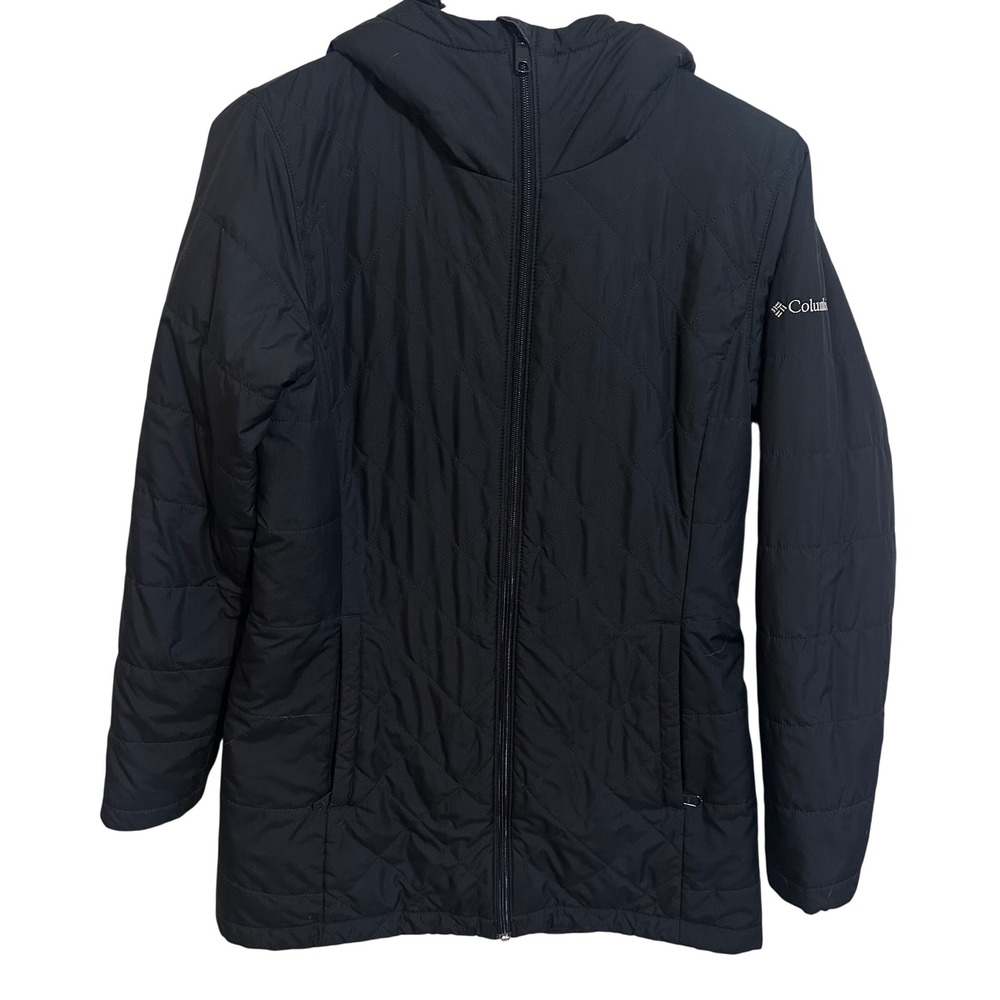 Columbia Quilted Jacket Womens Small Black Zip Hooded Outdoor Fleece Lined Coat